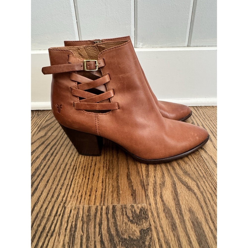 Frye Women's 8.5 Cognac Leather Ankle Boots Strappy Cutout Western Heel